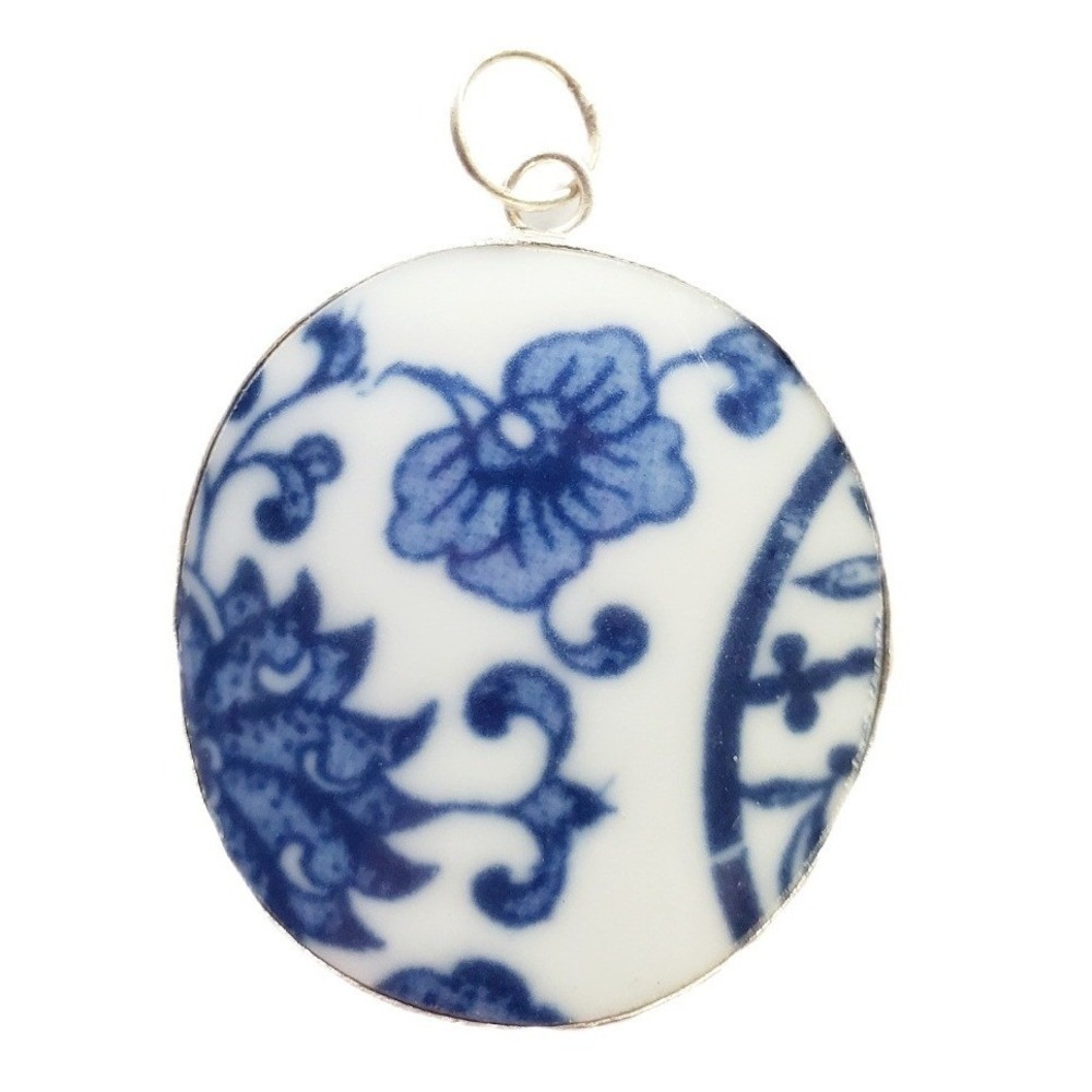 Vintage Blue & White Floral Ceramic Pendant Chinoiserie Ginger Jar Pottery Shard